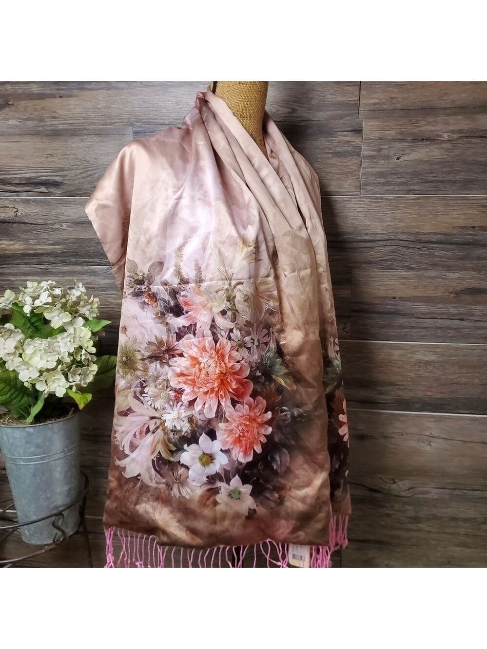 Long Tassel Floral Print Women's Scarf Hijab Bandana Shawl NWT Pink Tan